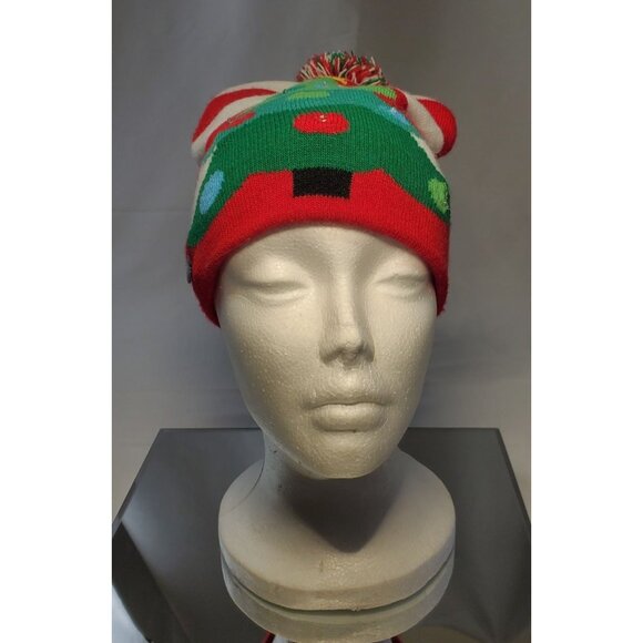 Lotsa Lites Flashing Pom Pom Beanie Hat Knitted Holiday Christmas Tree Design - Picture 5 of 7
